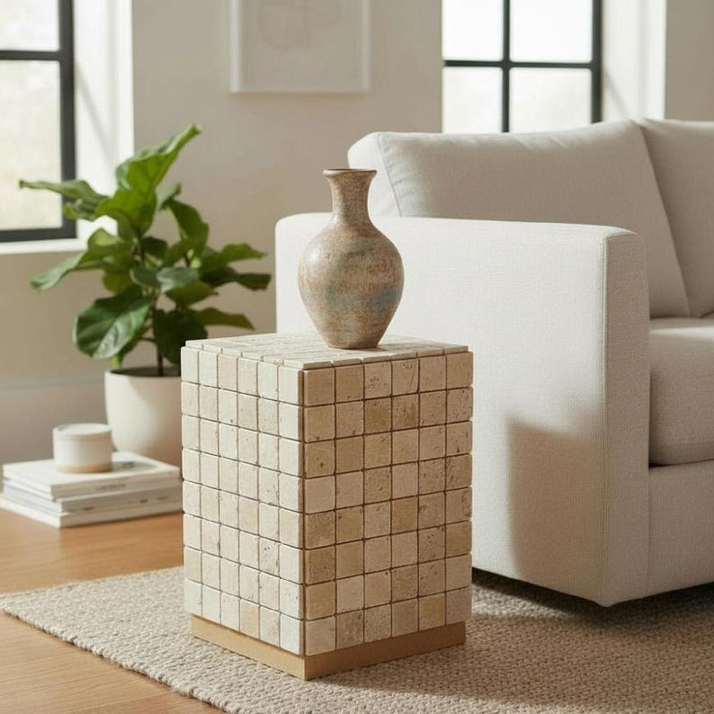 Handmade Travertine Mosaic Side Table: Natural Stone End Table