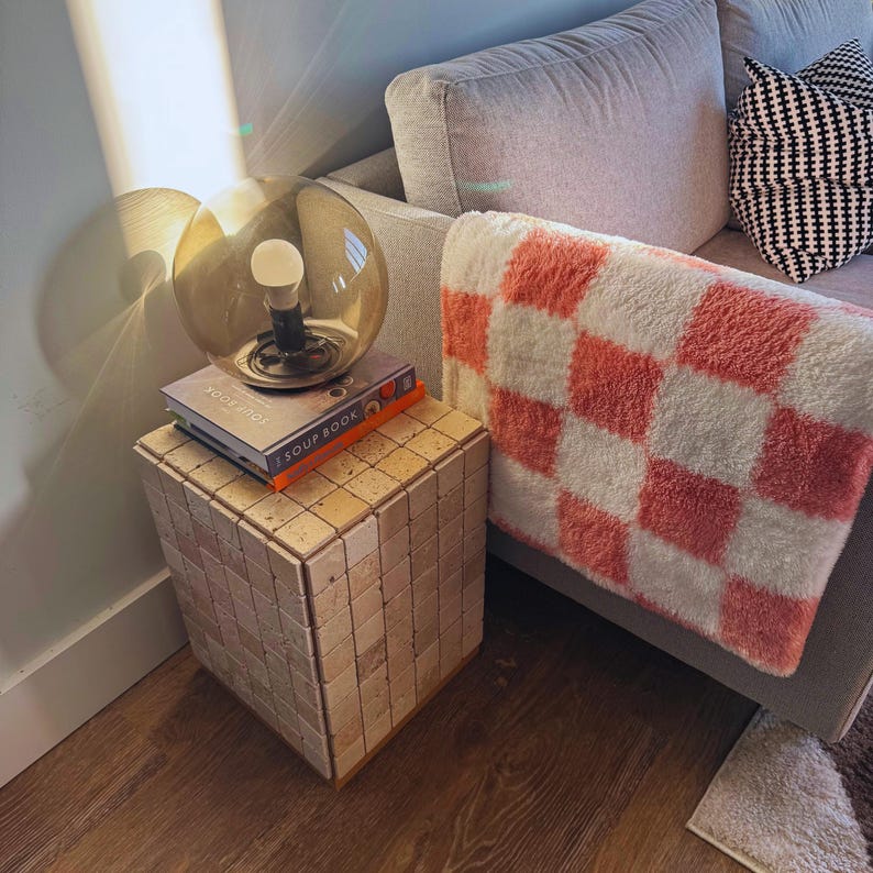 Handmade Travertine Mosaic Side Table: Natural Stone End Table