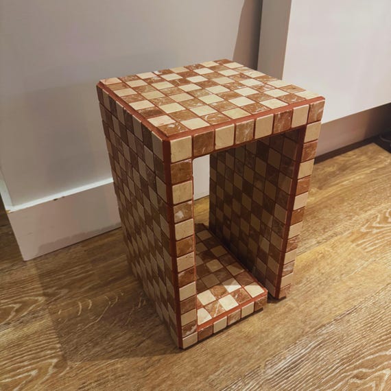 Handmade Marble Chess Side Table, Tiled Accent Table with Storage