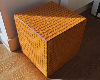 Handmade Cube Mosaic Tiled Side Table: Orange Tempered Glass and Mauve Grout Accent Table