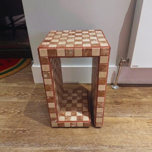 Handmade Marble Chess Side Table, Tiled Accent Table with Storage
