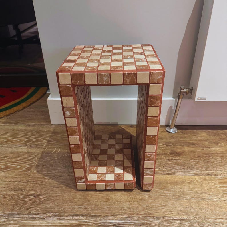 Handmade Marble Chess Side Table, Tiled Accent Table with Storage