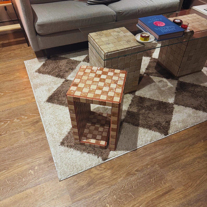 Handmade Marble Chess Side Table, Tiled Accent Table with Storage