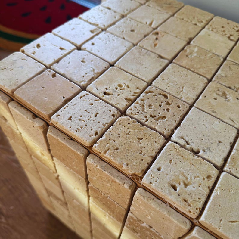 Handmade Travertine Mosaic Side Table: Natural Stone End Table