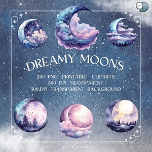Dreamy Moons Watercolor Clipart Bundle - 250 Fantasy Fairytale Moon Art PNGs, 3200x3200, Transparent, High-Quality by ChatStick Team