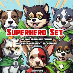 Superhero Dog Digital Stickers Set No.1 - 180 High-Resolution Cliparts - Perfect for Printing & Crafting, 300 DPI PNGs