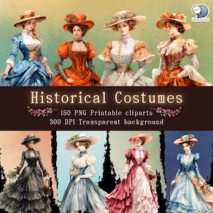 150 Victorian Historical Costumes Digital Clipart Pack - PNG Printable Cliparts with Transparent Background