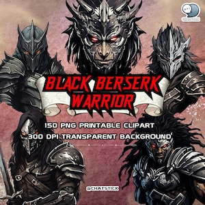 150 Black Berserk Warriors Digital Clipart Pack - PNG Printable Clip Arts with Transparent Background - Fantasy Warriors Art