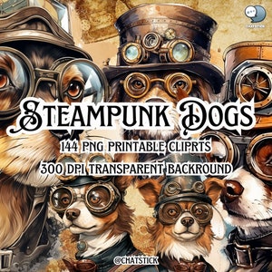 144 Clipart de acuarela de perros Steampunk - Mega paquete imprimible PNG digital - Arte único de perro Steampunk para manualidades y álbumes de recortes