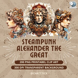 Bundle de cliparts aquarelle premium - lot de 200 PNG Steampunk d'Alexandre le Grand pour des projets créatifs d'art numérique par l'équipe ChatStick