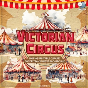 Pack de 160 cliparts aquarelle cirque victorien - 160 graphiques PNG imprimables avec fond transparent pour travaux manuels et projets