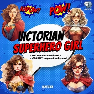 Victorian Vintage Superhero Girl Digital Clipart - Pacchetto di 150 clipart ad acquerello, PNG 3200x3200, trasparente, di alta qualità - ChatStick Team