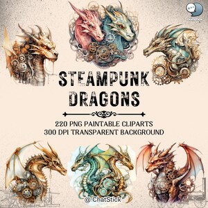 May include: A collection of steampunk dragon illustrations in various colors, including gold, red, blue, and green. The image features the text "Steampunk Dragons" and details about the clip art, including 220 PNG files and a transparent background.