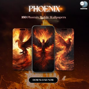 May include: Three phone wallpapers featuring a phoenix rising from flames. The phoenix is depicted in a fiery orange and yellow color scheme with black wings. The text "PHOENIX" and "160 Phoenix Mobile Wallpapers" are displayed at the top of the image. A button that says "DOWNLOAD NOW" is at the bottom of the image.