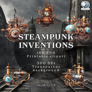 Mega pacote de invenções vitorianas Steampunk: 180 clipart em aquarela, PNG de alta qualidade 3200x3200, fundo transparente, para artesanato e decoração