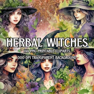 Pacote de clipart aquarela Herbal Witches - 144 cliparts PNG imprimíveis com fundo transparente para artesanato e faça você mesmo