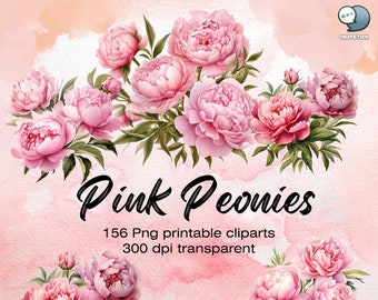 Pink Peonies Watercolor Clipart Bundle - 156 PNG Peony Flower Beautiful Floral Images, 3200px, 300 DPI, Transparent Background by ChatStick