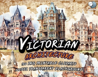 Victorian Architecture Watercolor Clipart Pack - 180 PNG Printables with Transparent Background for Scrapbooking & Crafts