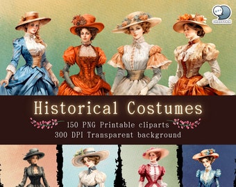 150 Victorian Historical Costumes Digital Clipart Pack - PNG Printable Cliparts with Transparent Background