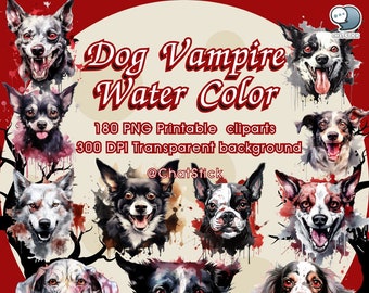 Dog Vampire Watercolor Clipart Pack - 180 PNG Printable, Transparent Background, Halloween Dog Clipart for Crafts & Decor