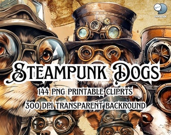 144 steampunk honden aquarel clipart-digitale png afdrukbare megapack-unieke steampunk hond kunst voor ambachten & scrapbooking