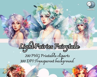 200 lichte feeën digitaal aquarel clipartpakket - sprookjesachtige png-bestand met transparante achtergrond voor printables