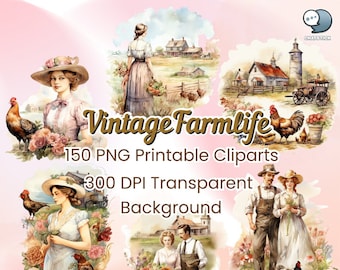 Farmhouse Clipart Bundle: Vintage Farmlife Watercolor Mega Pack - 120 PNGs, Printable, 300 DPI, Transparent Background - by ChatStick Team