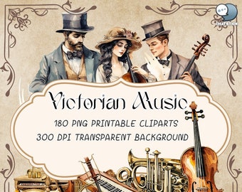 Victorian Music Watercolor Clipart Pack - 180 Digital PNG Printables with Transparent Background - Vintage Music Art for Crafts