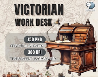 Victorian Work Desk Themed Watercolor Clipart Mega Pack - 150 PNGs, 3200x3200px, 300 DPI, Transparent Background by ChatStick Team