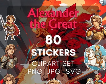 May include: A set of 80 stickers featuring Alexander the Great, a historical figure, in various poses. The stickers are in a cartoon style and are perfect for adding a touch of history to your projects.