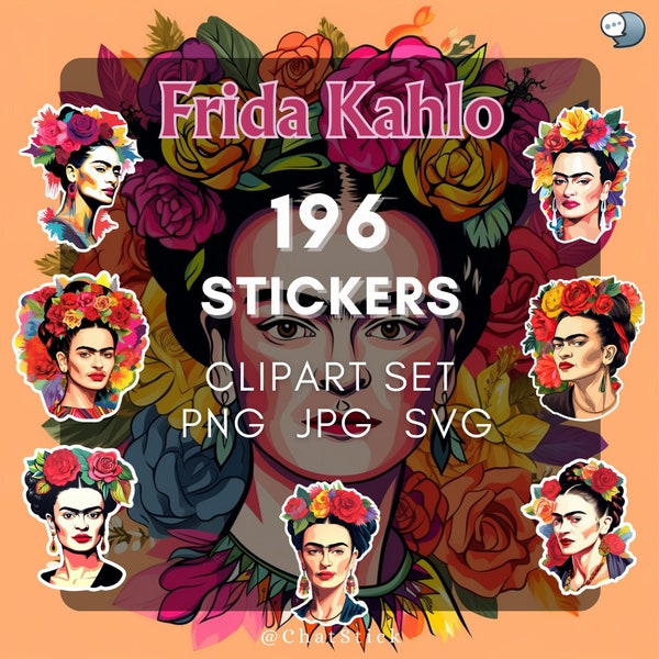 Frida Kahlo Inspired Digital Sticker Clipart Mega Pack - 196 Unique Designs in PNG, JPG, SVG Formats