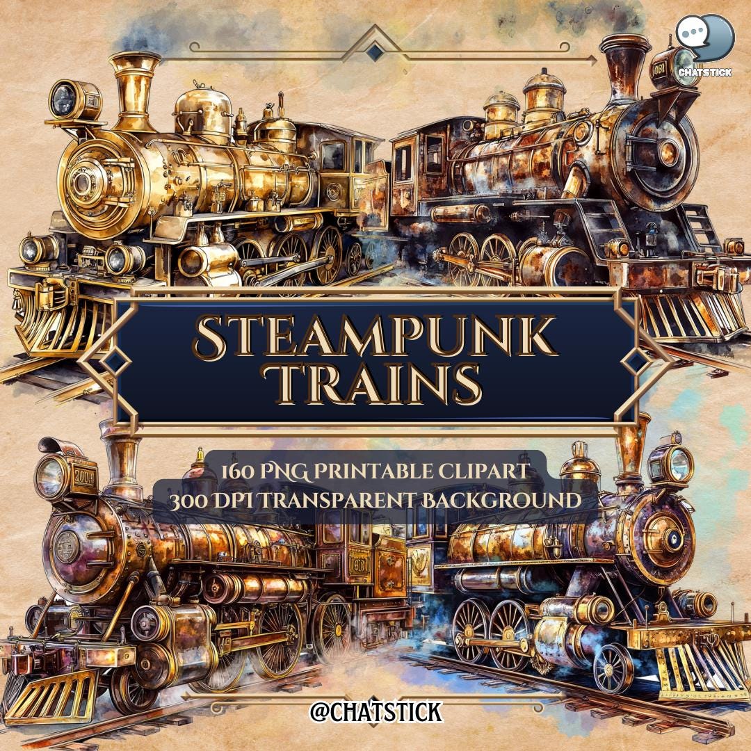 スチームパンク列車クリップアートバンドル | ビクトリア朝の蒸気機関