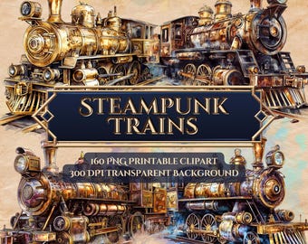 Steampunk Train Clipart Bundle | Victorian Steam-Powered Locomotives PNG | 3200px, 300 DPI, Transparent Backgrounds, Digital Download