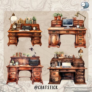Victorian Work Desk Themed Watercolor Clipart Mega Pack - 150 PNGs, 3200x3200px, 300 DPI, Transparent Background by ChatStick Team