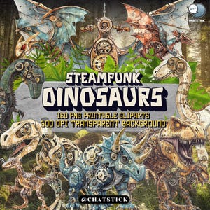 Clipart de dinossauros steampunk - 160 T-Rex mecânicos, Triceratops e mais | Arquivos PNG transparentes de 300 DPI