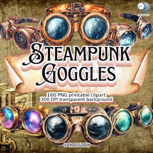 Puede incluir: Un conjunto de cinco gafas steampunk con detalles intrincados y lentes de varios colores. Las gafas están dibujadas en estilo acuarela y tienen una estética vintage. El texto "STEAMPUNK GOGGLES" está escrito en una fuente estilizada.