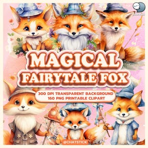 Clipart mignon renard de conte de fées magique - 160 renards aquarelles Transparent PNG, art forestier lunatique, 300 DPI imprimable