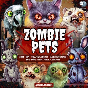 Ensemble de cliparts animaux zombies | 160 chats, chiens et autres morts-vivants mignons et effrayants | Fichiers PNG, 300 ppp sur fond transparent