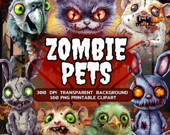 Peut inclure: Un ensemble de 8 images clipart numériques d'animaux de compagnie zombies. Les images comprennent un chat, un oiseau, un lapin, un hamster, un lapin, une souris, un oiseau et un chien. Les images sont dans un style cartoon et ont un thème d'Halloween effrayant. Les images sont en 300 DPI et ont un fond transparent. Les images sont parfaites pour créer des objets d'artisanat, des cartes et des décorations d'Halloween.