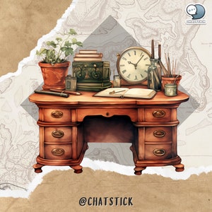 Victorian Work Desk Themed Watercolor Clipart Mega Pack - 150 PNGs, 3200x3200px, 300 DPI, Transparent Background by ChatStick Team