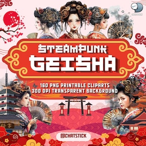 Steampunk Geisha Clipart Mega Pack - 160 illustrazioni PNG, Geisha tradizionali con colpi di scena meccanici, 300 DPI, disegni stampabili
