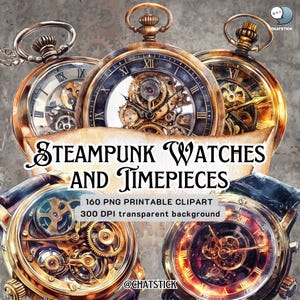 Clip Art de Relógios Steampunk - 160 Relógios Vintage com Engrenagens Expostas | Fundo Transparente PNG de 300 DPI