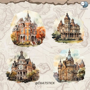 Victorian Landmark Mega Pack: 80 Watercolor Clipart, High-Quality 3200x3200 PNGs, 300 DPI, Transparent - Perfect for Crafting & Design