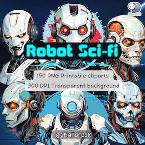 Robot Sci-fi Digital Sticker Clipart Pack - 150 Futuristic PNG Printable Cliparts for Creative Projects & Crafts
