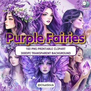 Purple Fairies Clipart Bundle - 160 PNG Watercolor Fairy Art, Transparent Background, 300 DPI, Magical Fantasy Digital Download
