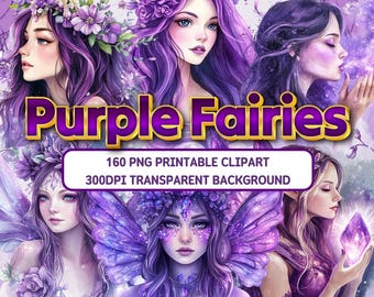 Purple Fairies Clipart Bundle - 160 PNG Watercolor Fairy Art, Transparent Background, 300 DPI, Magical Fantasy Digital Download