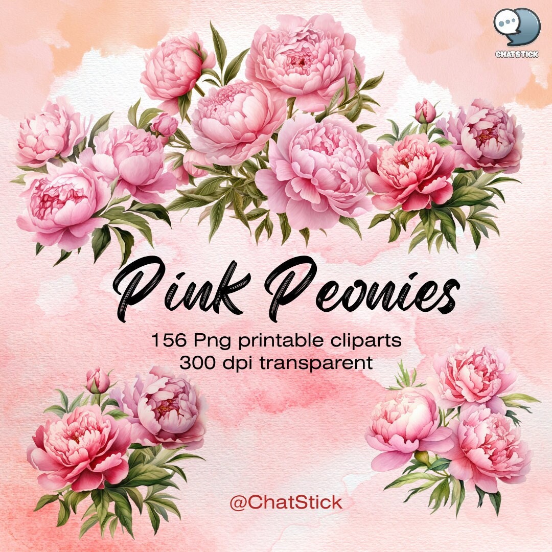 Pink Peonies Watercolor Clipart Bundle - 156 PNG Peony Flower Beautiful ...