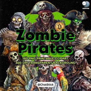 160 Cliparts de Piratas Zumbis | PNGs de Piratas Mortos-Vivos | Caça ao Tesouro da Tripulação de Esqueleto | Arte Imprimível de 300 DPI | Gráficos Digitais de Halloween
