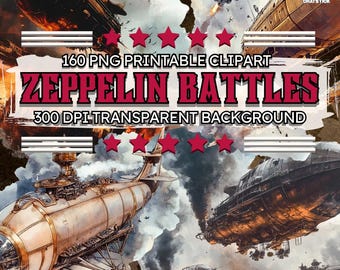Steampunk Zeppelin Battles Clipart / Airship Warfare PNG / Battaglie nel cielo d'epoca e navi da guerra a vapore / 300 DPI