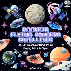 Outer Space Vehicles Clipart – 150 Rockets, Flying Saucers & Satellites | 300 DPI PNG for Creative Projects
